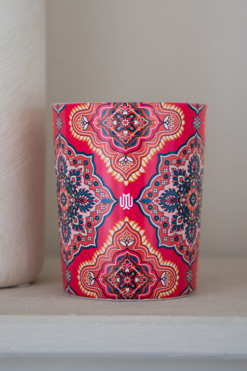 Pink patterned luxury home fragrance candle from the Arabesque Mosaic Collection by Muriḥ