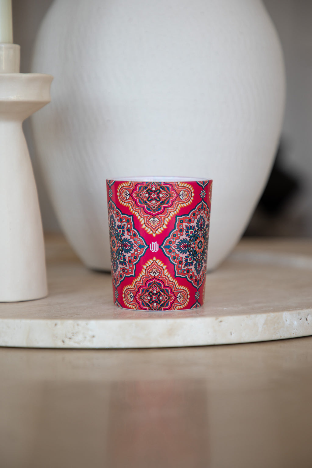 Pink patterned luxury home fragrance candle from the Arabesque Mosaic Collection by Muriḥ