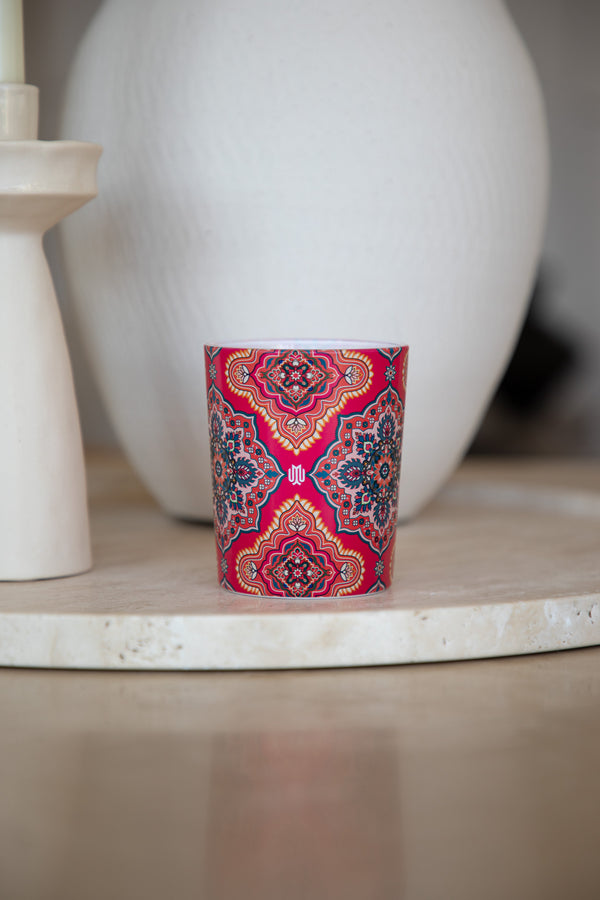 Pink patterned luxury home fragrance candle from the Arabesque Mosaic Collection by Muriḥ